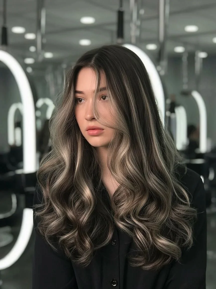 Long dimensional brunette hair styled in loose waves